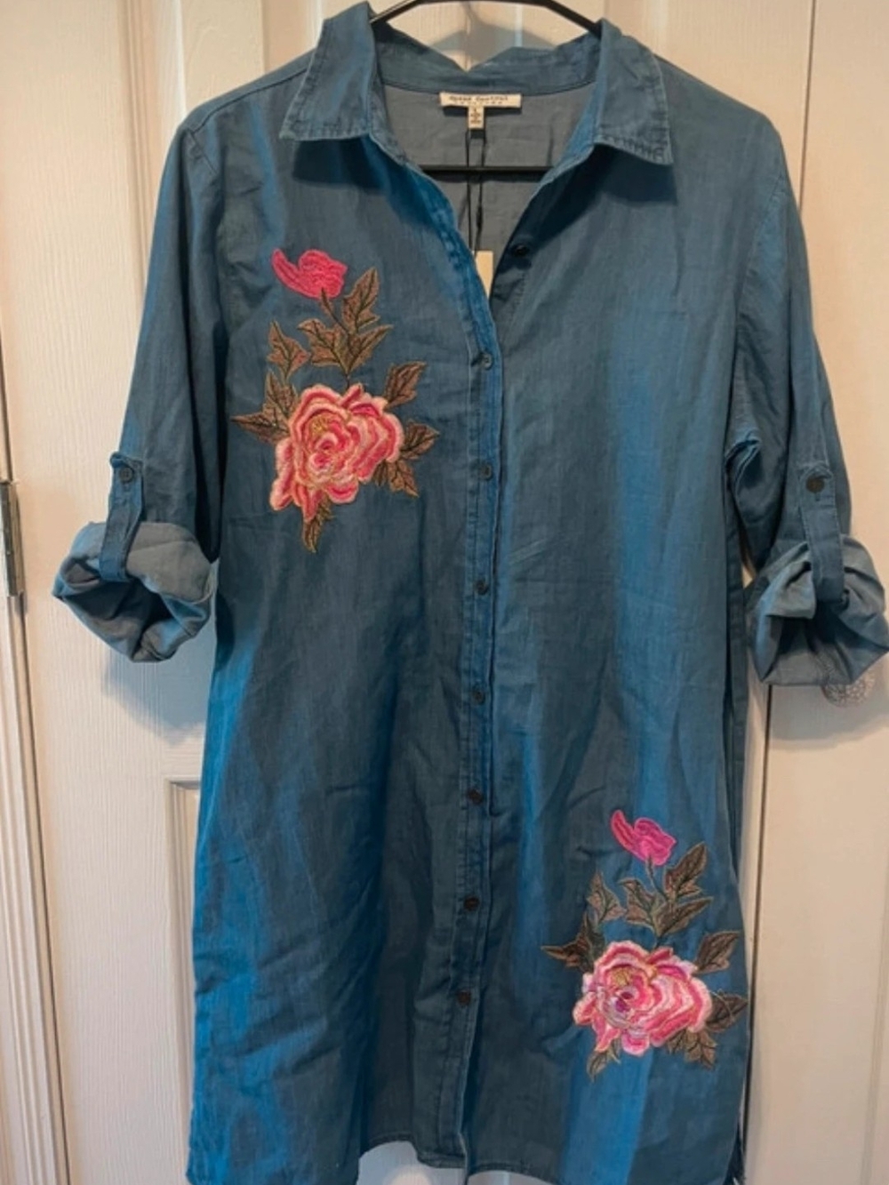 Speed Control Denim-Blue Long Sleeve Shirt Dress with Pink Floral Embroidery